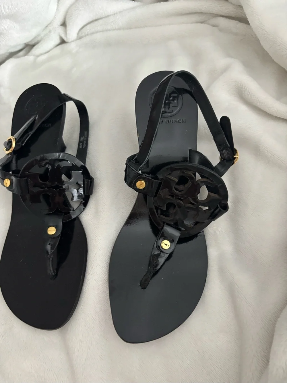 Tory Burch Black Patent Logo Thong Sandals with Gold Hardware